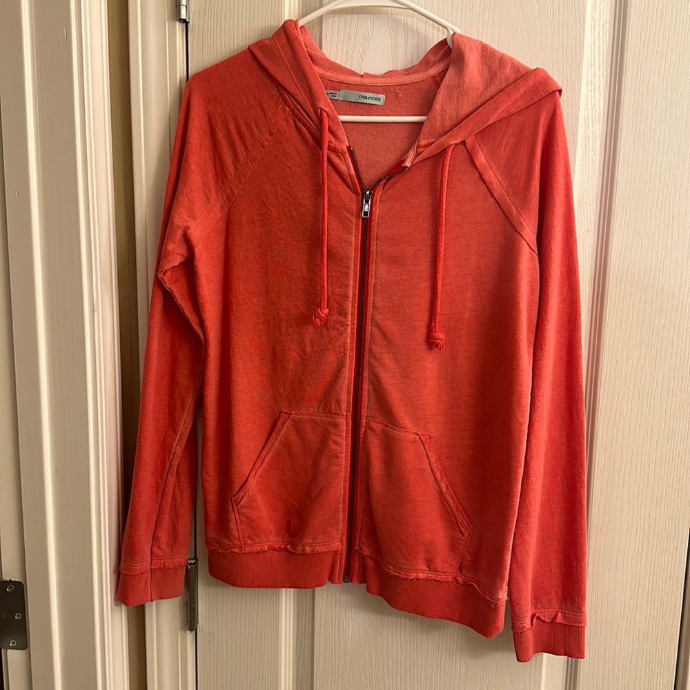 Pink zip up Maurice’s hoodie, size XS but fits bigger more like a small.